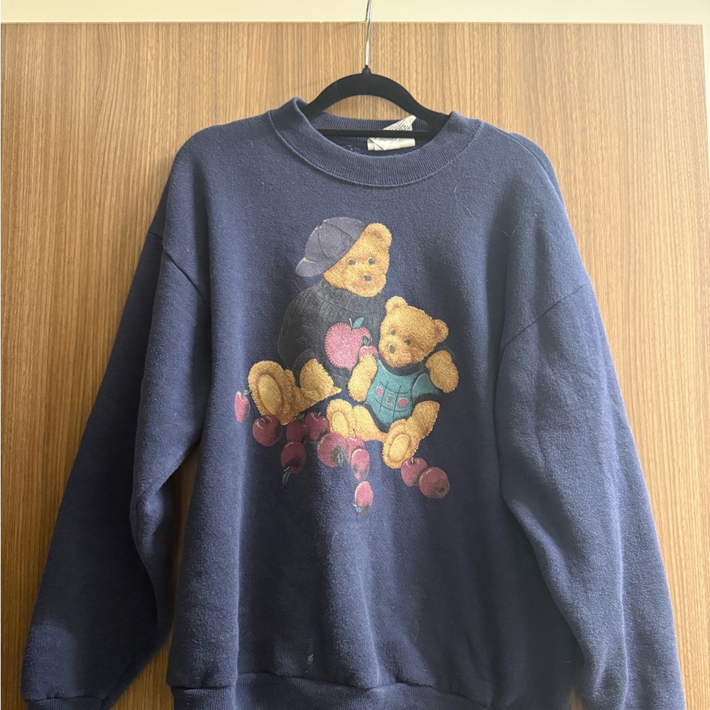 Navy Blue Bear Print Women's Crew Neck Sweater